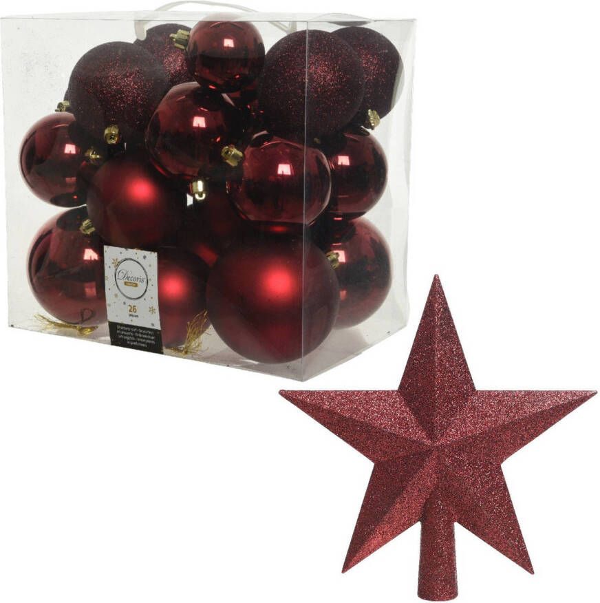 Decoris Kerstversiering kunststof kerstballen met piek donkerrood 6-8-10 cm pakket van 27x stuks Kerstbal