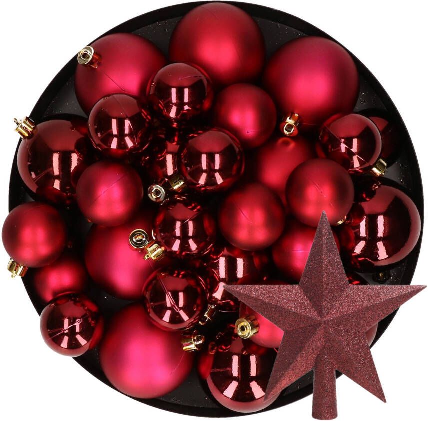 Decoris Kerstversiering kunststof kerstballen met piek donkerrood 6-8-10 cm pakket van 45x stuks Kerstbal