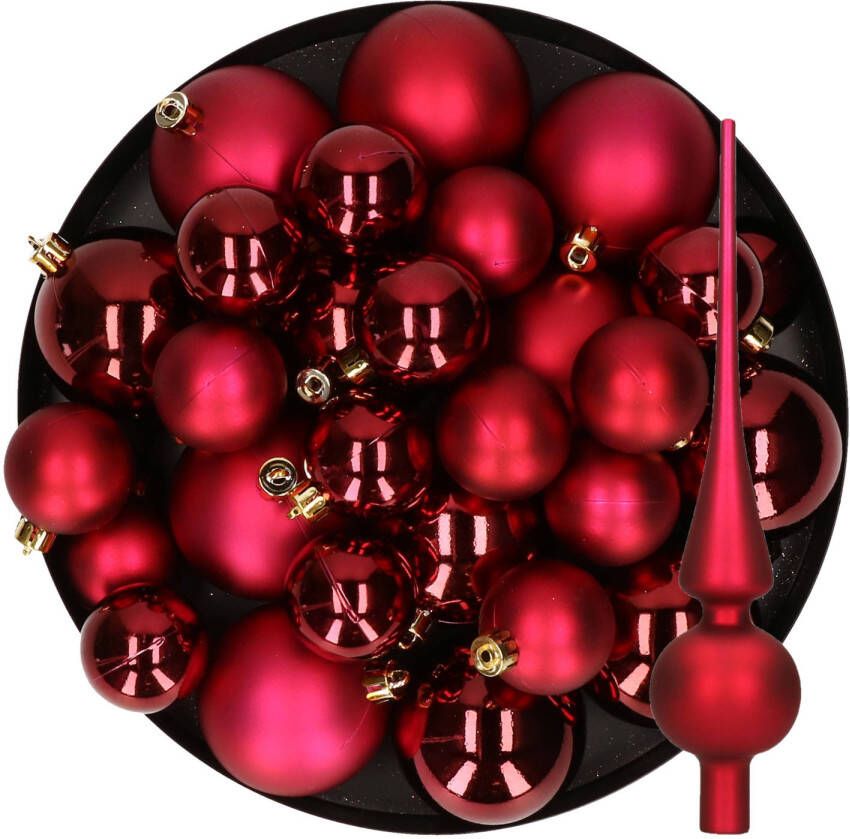 Decoris Kerstversiering kunststof kerstballen met piek donkerrood 6-8-10 cm pakket van 45x stuks Kerstbal