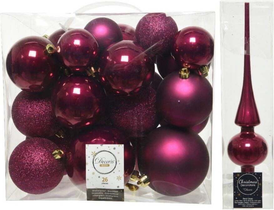 Decoris Kerstversiering kunststof kerstballen met piek framboos roze 6-8-10 cm pakket van 27x stuks Kerstbal