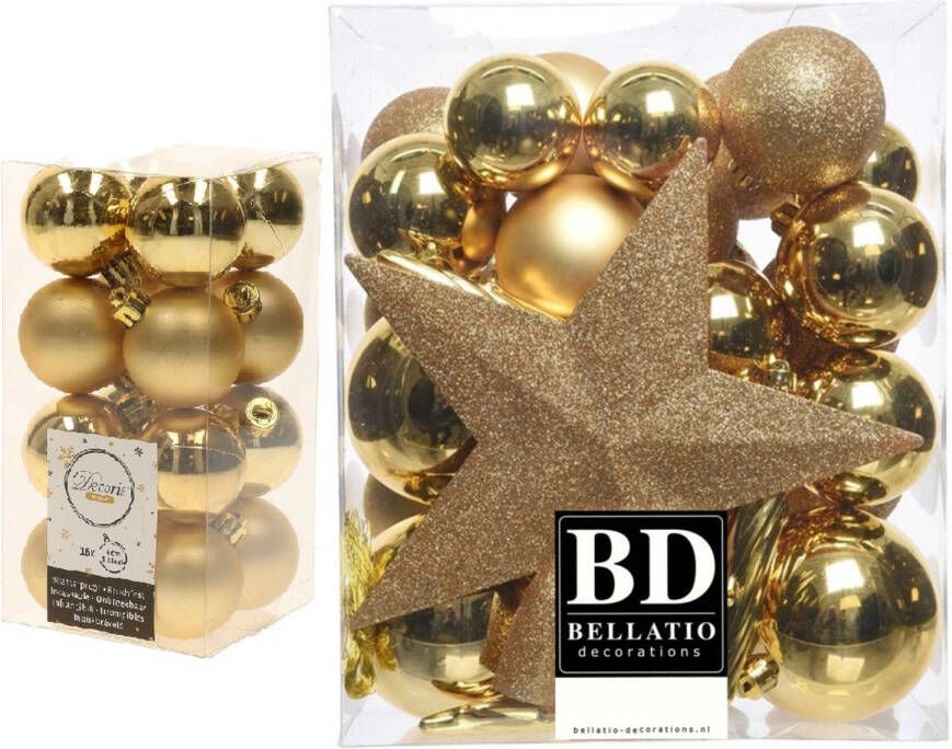 Decoris Kerstversiering kunststof kerstballen met piek goud 4-5-6-8 cm pakket van 49x stuks Kerstbal