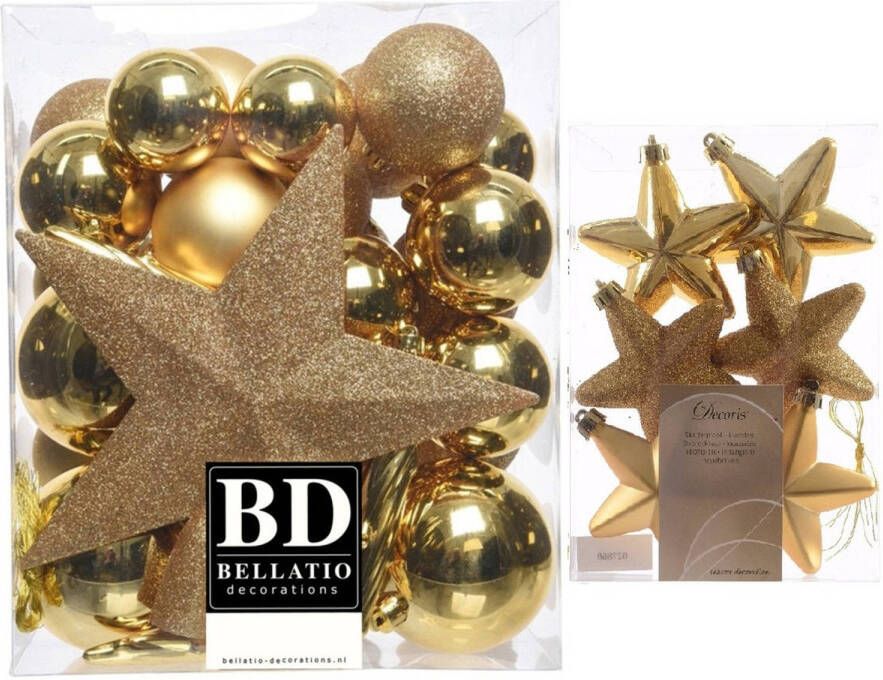 Decoris Kerstversiering kunststof kerstballen met piek goud 5-6-8 cm pakket van 39x stuks Kerstbal