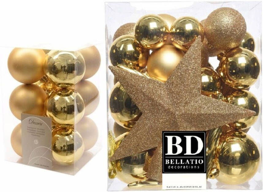 Decoris Kerstversiering kunststof kerstballen met piek goud 5-6-8 cm pakket van 45x stuks Kerstbal