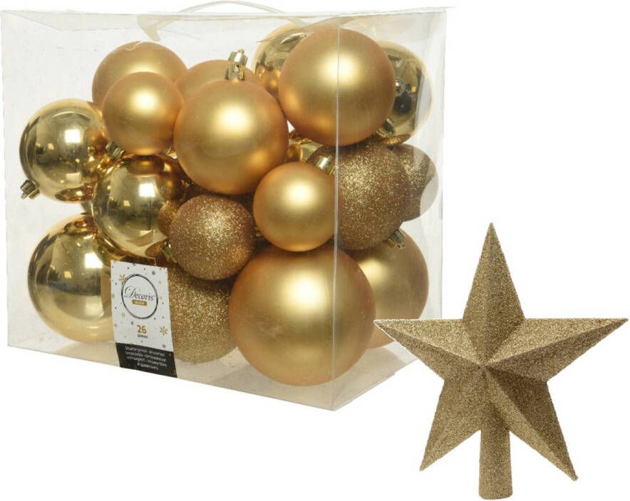 Decoris Kerstversiering kunststof kerstballen met piek goud 6-8-10 cm pakket van 27x stuks Kerstbal
