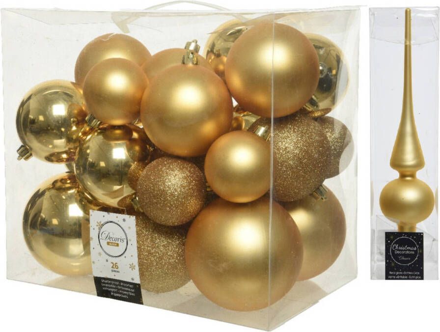Decoris Kerstversiering kunststof kerstballen met piek goud 6-8-10 cm pakket van 27x stuks Kerstbal
