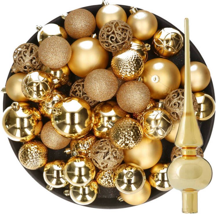 Decoris Kerstversiering kunststof kerstballen met piek goud 6-8-10 cm pakket van 39x stuks Kerstbal
