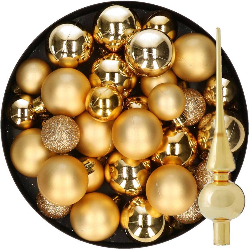 Decoris Kerstversiering kunststof kerstballen met piek goud 6-8-10 cm pakket van 47x stuks Kerstbal