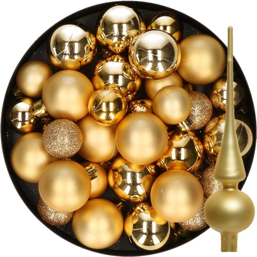 Decoris Kerstversiering kunststof kerstballen met piek goud 6-8-10 cm pakket van 49x stuks Kerstbal