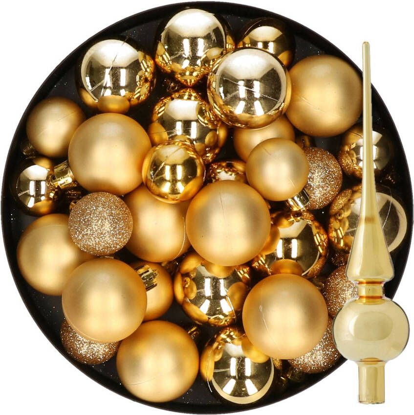 Decoris Kerstversiering kunststof kerstballen met piek goud 6-8-10 cm pakket van 49x stuks Kerstbal