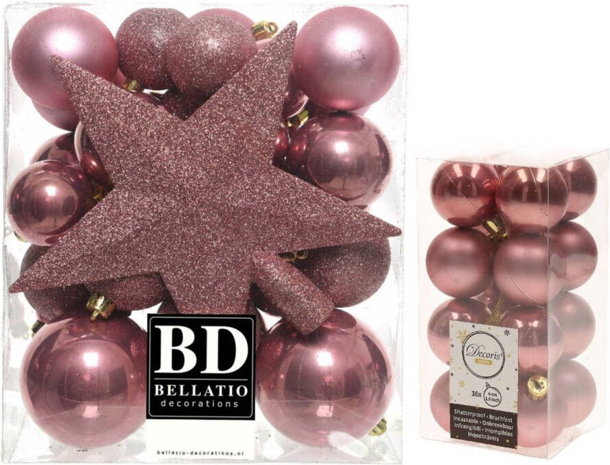 Decoris Kerstversiering kunststof kerstballen met piek oud roze 4-5-6-8 cm pakket van 49x stuks Kerstbal
