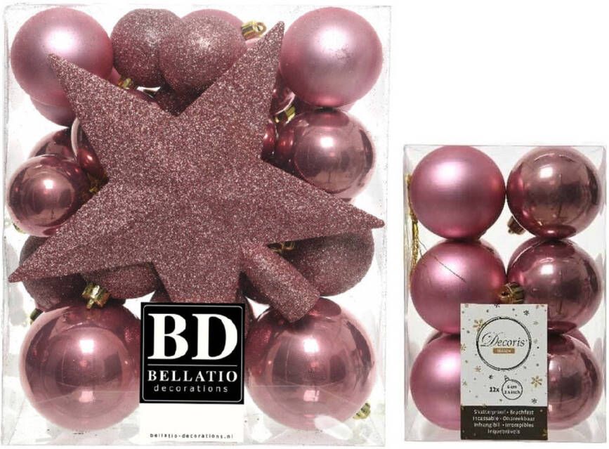 Decoris Kerstversiering kunststof kerstballen met piek oud roze 5-6-8 cm pakket van 45x stuks Kerstbal