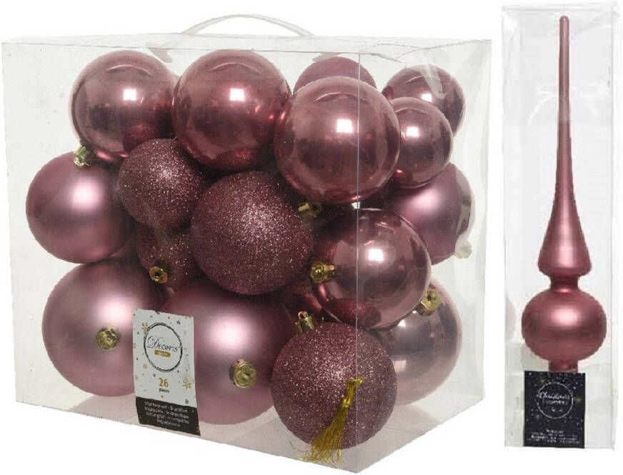 Decoris Kerstversiering kunststof kerstballen met piek oud roze 6-8-10 cm pakket van 27x stuks Kerstbal