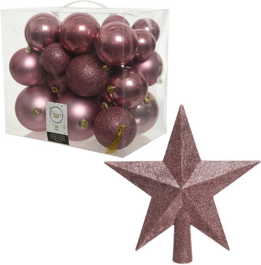 Decoris Kerstversiering kunststof kerstballen met piek oud roze 6-8-10 cm pakket van 27x stuks Kerstbal