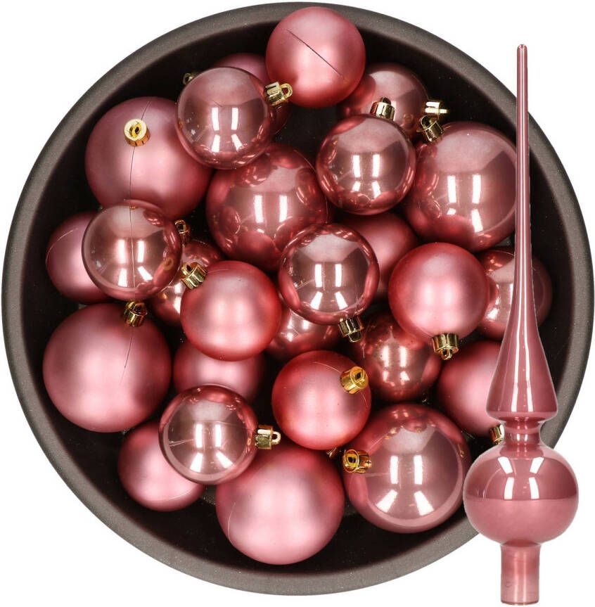 Decoris Kerstversiering kunststof kerstballen met piek oud roze 6-8-10 cm pakket van 45x stuks Kerstbal