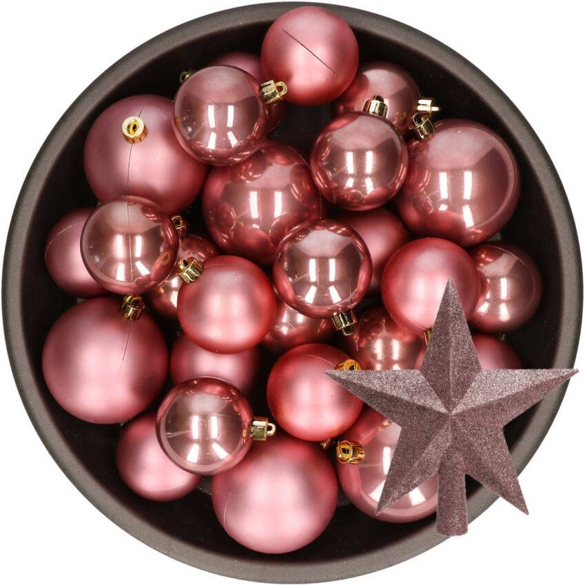 Decoris Kerstversiering kunststof kerstballen met piek oud roze 6-8-10 cm pakket van 45x stuks Kerstbal