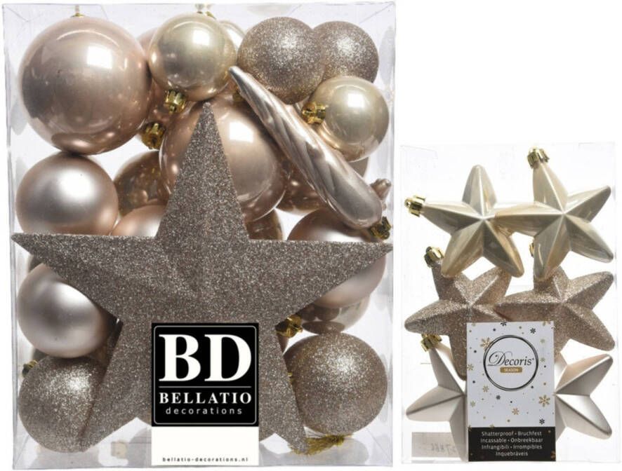 Decoris Kerstversiering kunststof kerstballen met piek parel champagne 5-6-8 cm pakket van 39x stuks Kerstbal