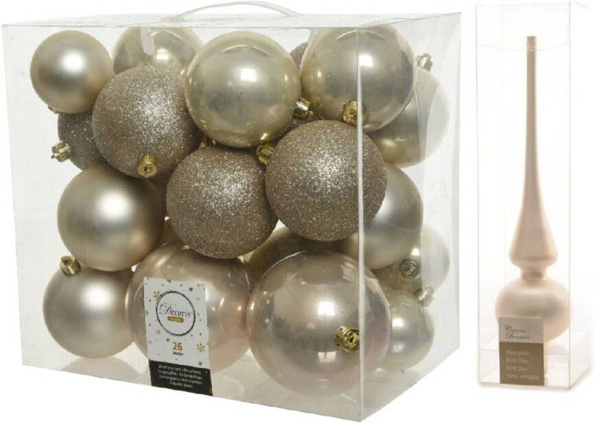 Decoris Kerstversiering kunststof kerstballen met piek parel champagne 6-8-10 cm pakket van 27x stuks Kerstbal