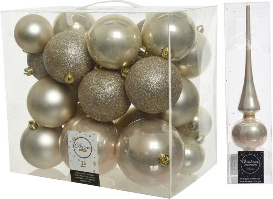 Decoris Kerstversiering kunststof kerstballen met piek parel champagne 6-8-10 cm pakket van 27x stuks Kerstbal