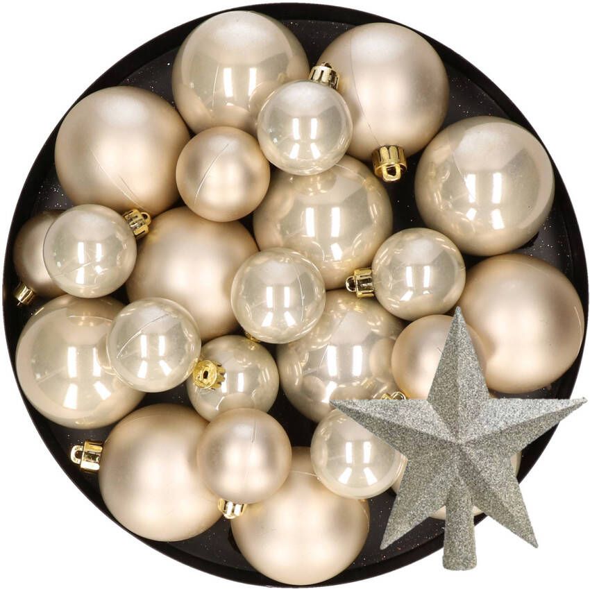 Decoris Kerstversiering kunststof kerstballen met piek parel champagne 6-8-10 cm pakket van 45x stuks Kerstbal