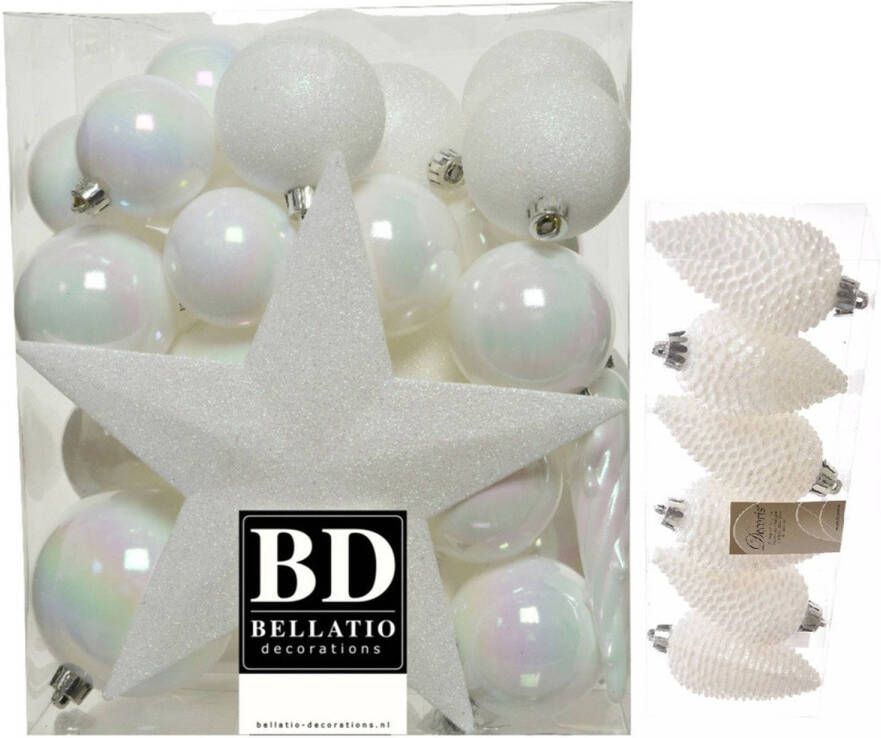 Decoris Kerstversiering kunststof kerstballen met piek parelmoer wit 5-6-8 cm pakket van 39x stuks Kerstbal