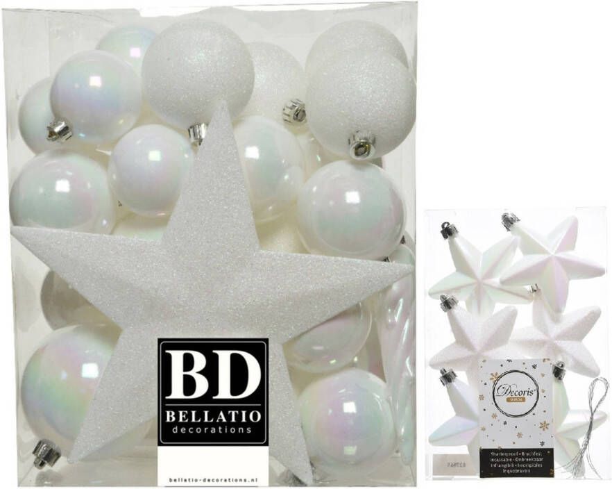 Decoris Kerstversiering kunststof kerstballen met piek parelmoer wit 5-6-8 cm pakket van 39x stuks Kerstbal