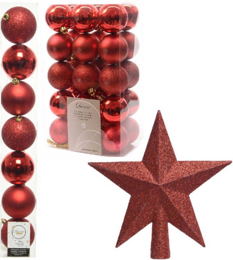 Decoris Kerstversiering kunststof kerstballen met piek rood 4-5-6-8 cm pakket van 34x stuks Kerstbal