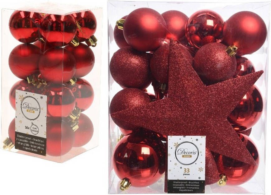 Decoris Kerstversiering kunststof kerstballen met piek rood 4-5-6-8 cm pakket van 49x stuks Kerstbal