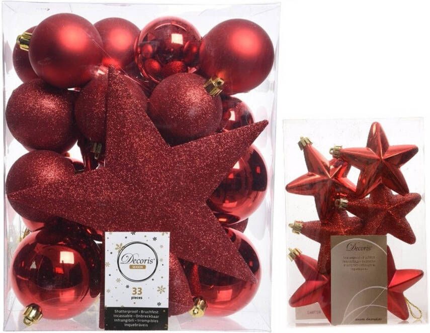 Decoris Kerstversiering kunststof kerstballen met piek rood 5-6-8 cm pakket van 39x stuks Kerstbal