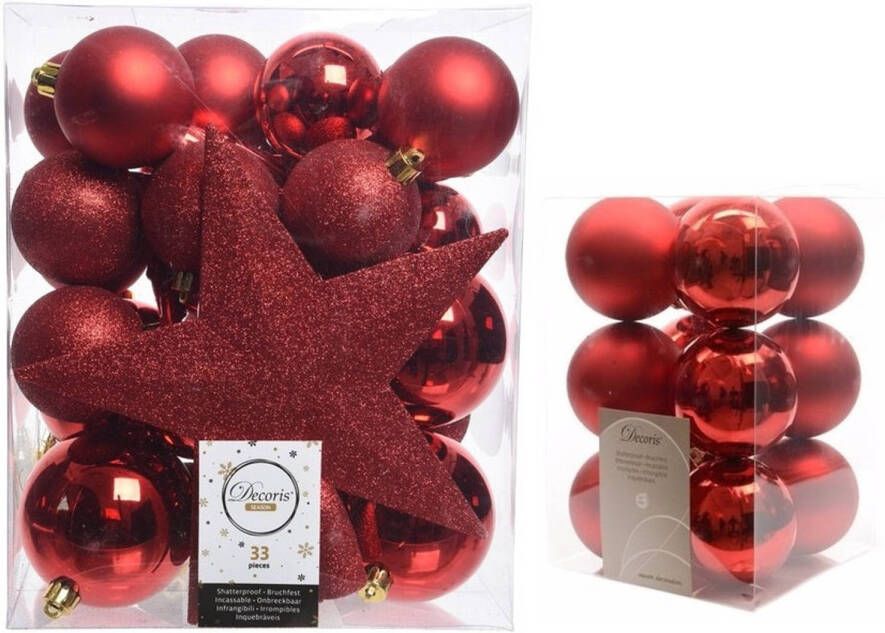 Decoris Kerstversiering kunststof kerstballen met piek rood 5-6-8 cm pakket van 45x stuks Kerstbal