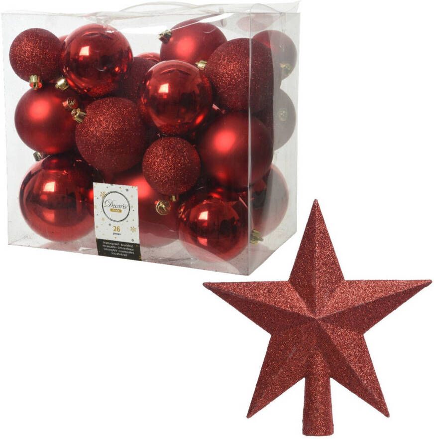 Decoris Kerstversiering kunststof kerstballen met piek rood 6-8-10 cm pakket van 27x stuks Kerstbal