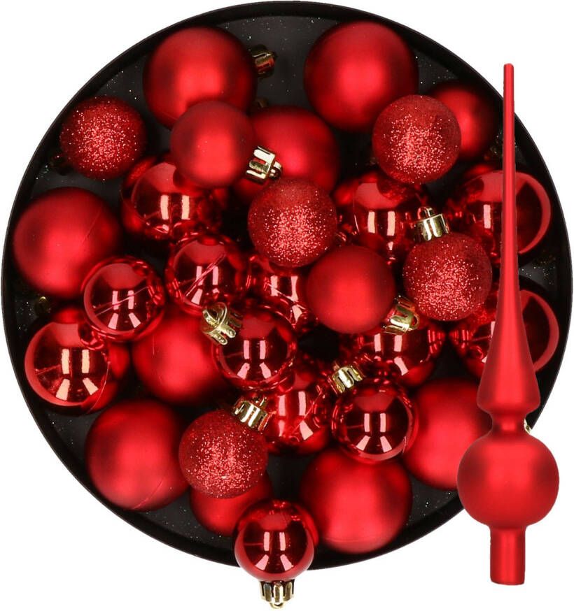 Decoris Kerstversiering kunststof kerstballen met piek rood 6-8-10 cm pakket van 42x stuks Kerstbal