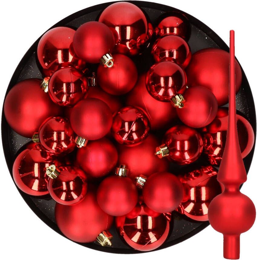 Decoris Kerstversiering kunststof kerstballen met piek rood 6-8-10 cm pakket van 45x stuks Kerstbal