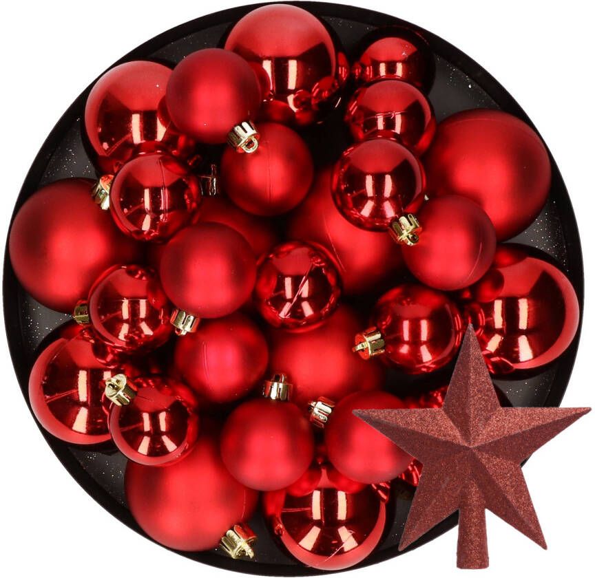Decoris Kerstversiering kunststof kerstballen met piek rood 6-8-10 cm pakket van 45x stuks Kerstbal