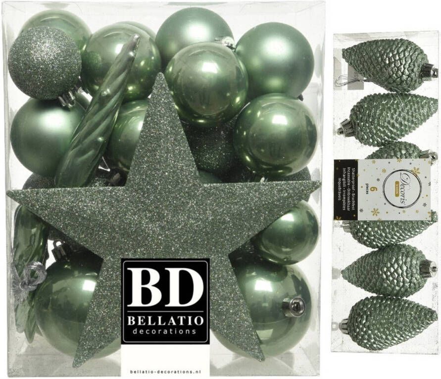 Decoris Kerstversiering kunststof kerstballen met piek salie groen 5-6-8 cm pakket van 39x stuks Kerstbal