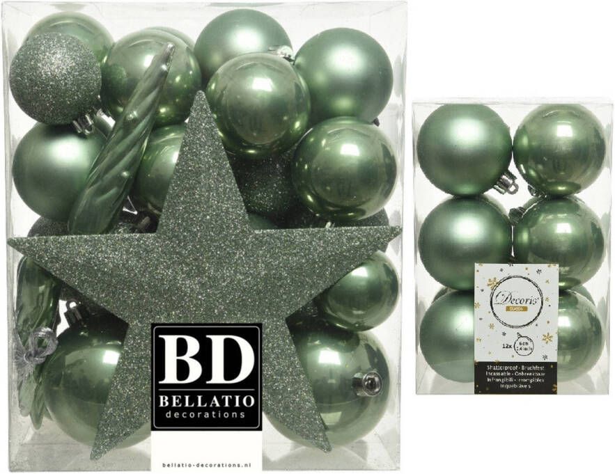 Decoris Kerstversiering kunststof kerstballen met piek salie groen 5-6-8 cm pakket van 45x stuks Kerstbal