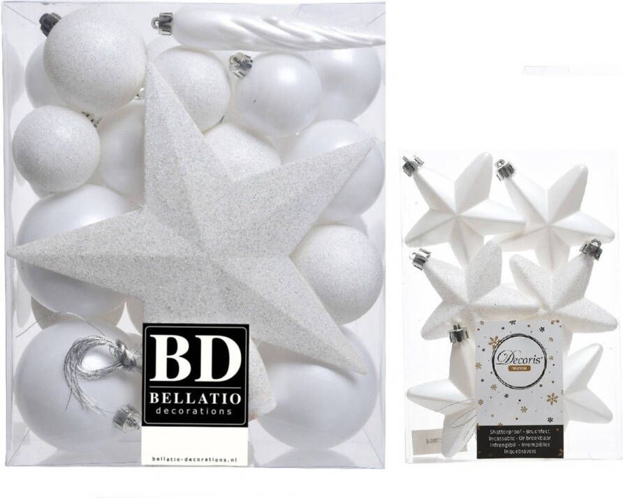 Decoris Kerstversiering kunststof kerstballen met piek winter wit 5-6-8 cm pakket van 39x stuks Kerstbal