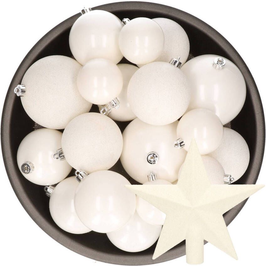 Decoris Kerstversiering kunststof kerstballen met piek winter wit 6-8-10 cm pakket van 27x stuks Kerstbal
