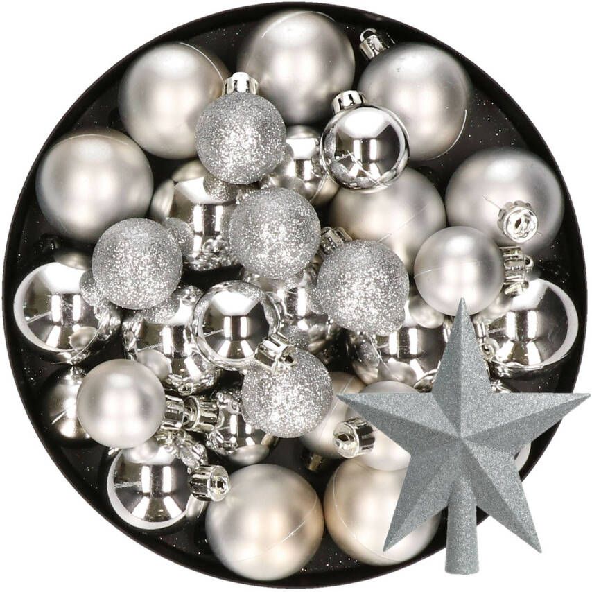 Decoris Kerstversiering kunststof kerstballen met piek zilver 4-5-6-8 cm pakket van 38x stuks Kerstbal