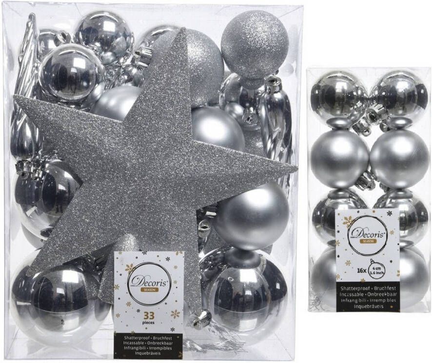 Decoris Kerstversiering kunststof kerstballen met piek zilver 4-5-6-8 cm pakket van 49x stuks Kerstbal