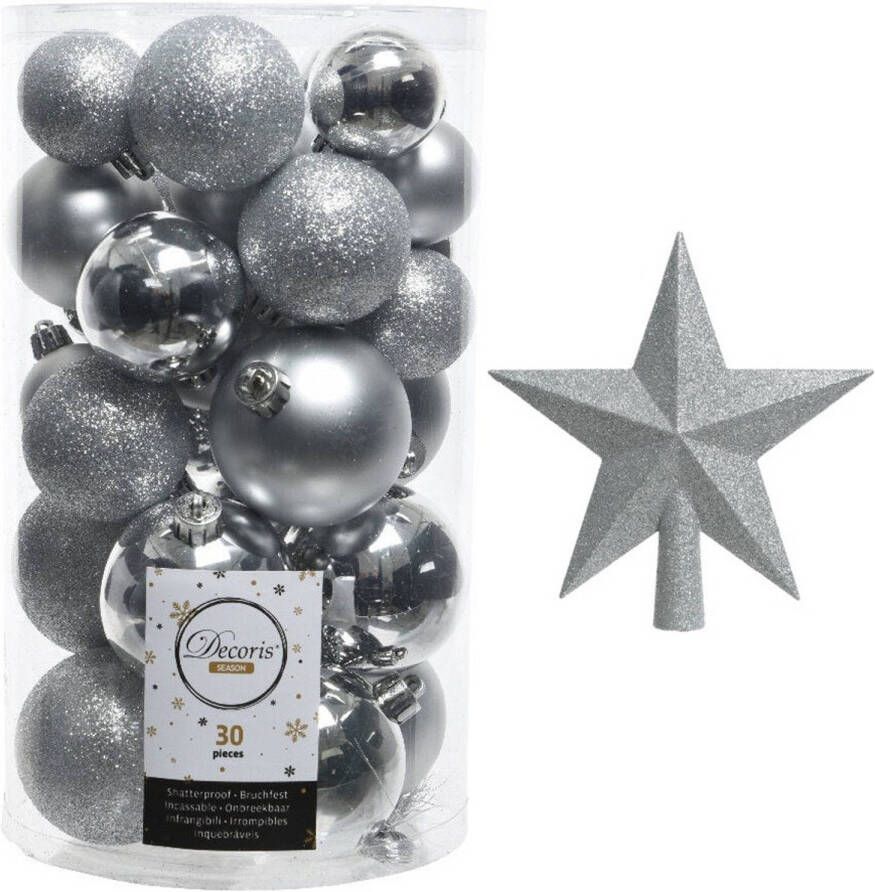 Decoris Kerstversiering kunststof kerstballen met piek zilver 4-5-6 cm pakket van 31x stuks Kerstbal