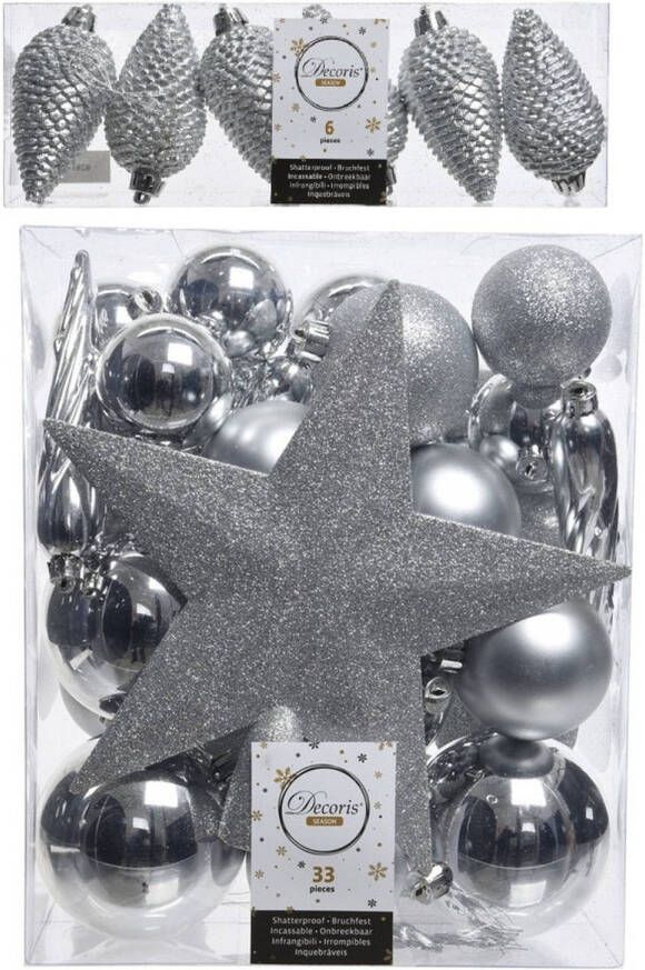 Decoris Kerstversiering kunststof kerstballen met piek zilver 5-6-8 cm pakket van 39x stuks Kerstbal