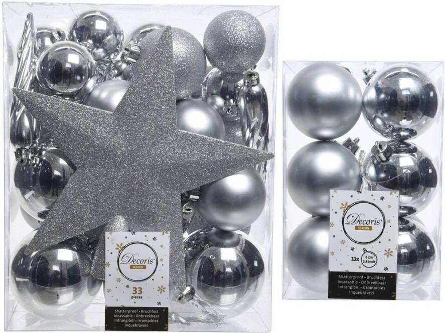 Decoris Kerstversiering kunststof kerstballen met piek zilver 5-6-8 cm pakket van 45x stuks Kerstbal
