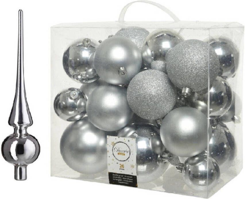 Decoris Kerstversiering kunststof kerstballen met piek zilver 6-8-10 cm pakket van 27x stuks Kerstbal
