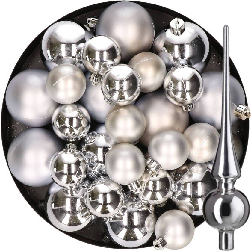 Decoris Kerstversiering kunststof kerstballen met piek zilver 6-8-10 cm pakket van 37x stuks Kerstbal