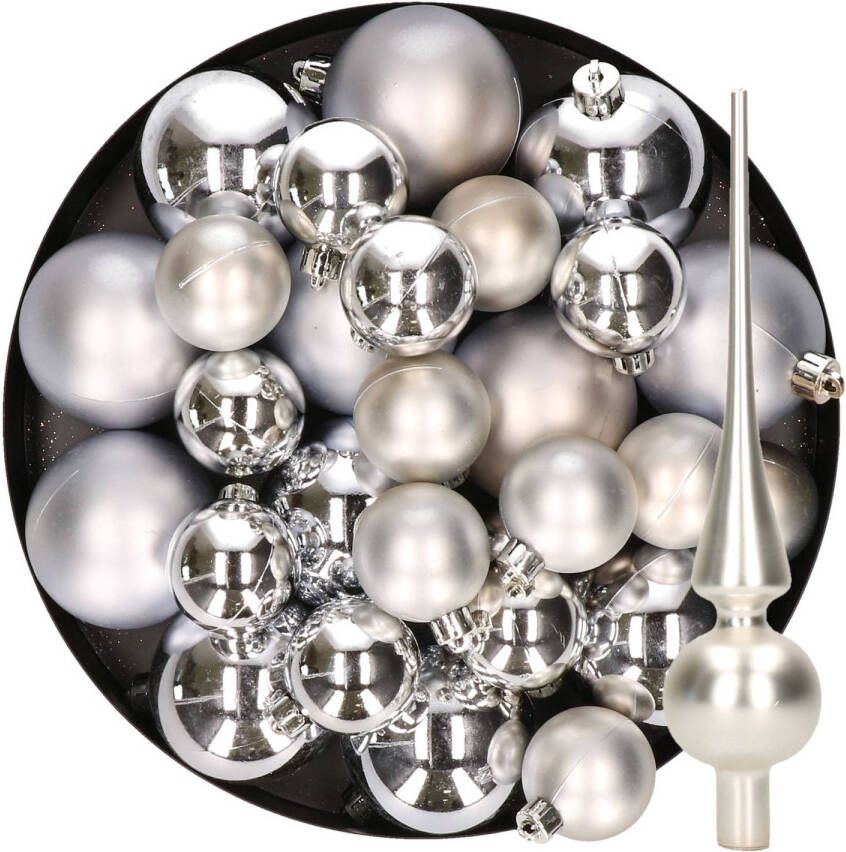 Decoris Kerstversiering kunststof kerstballen met piek zilver 6-8-10 cm pakket van 37x stuks Kerstbal