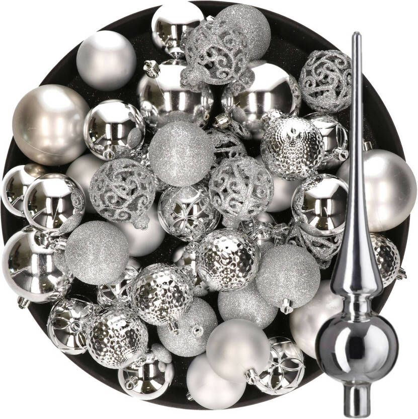Decoris Kerstversiering kunststof kerstballen met piek zilver 6-8-10 cm pakket van 39x stuks Kerstbal