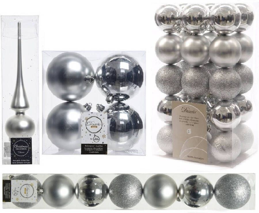 Decoris Kerstversiering kunststof kerstballen met piek zilver 6-8-10 cm pakket van 42x stuks Kerstbal
