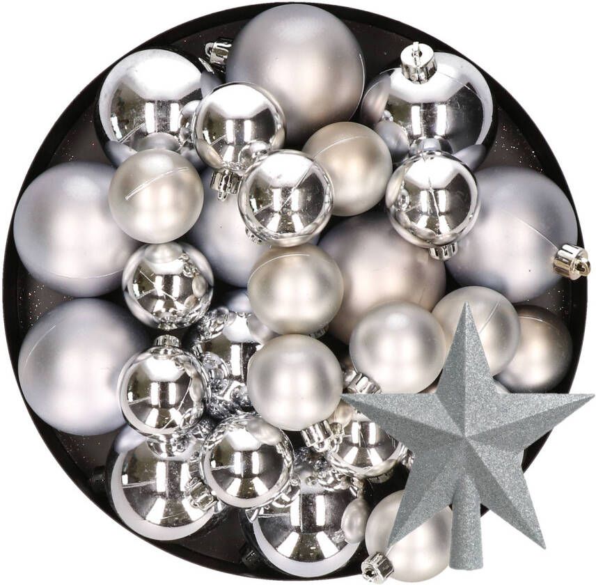 Decoris Kerstversiering kunststof kerstballen met piek zilver 6-8-10 cm pakket van 45x stuks Kerstbal