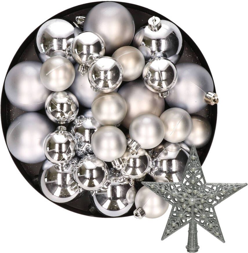 Decoris Kerstversiering kunststof kerstballen met piek zilver 6-8-10 cm pakket van 45x stuks Kerstbal