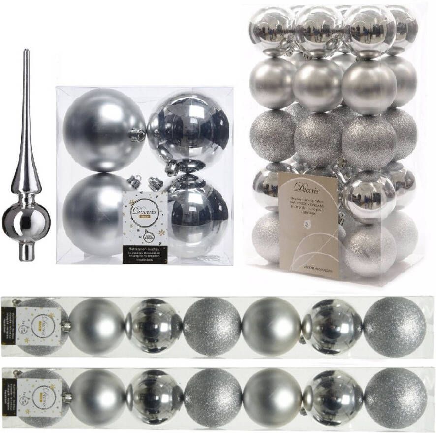 Decoris Kerstversiering kunststof kerstballen met piek zilver 6-8-10 cm pakket van 49x stuks Kerstbal